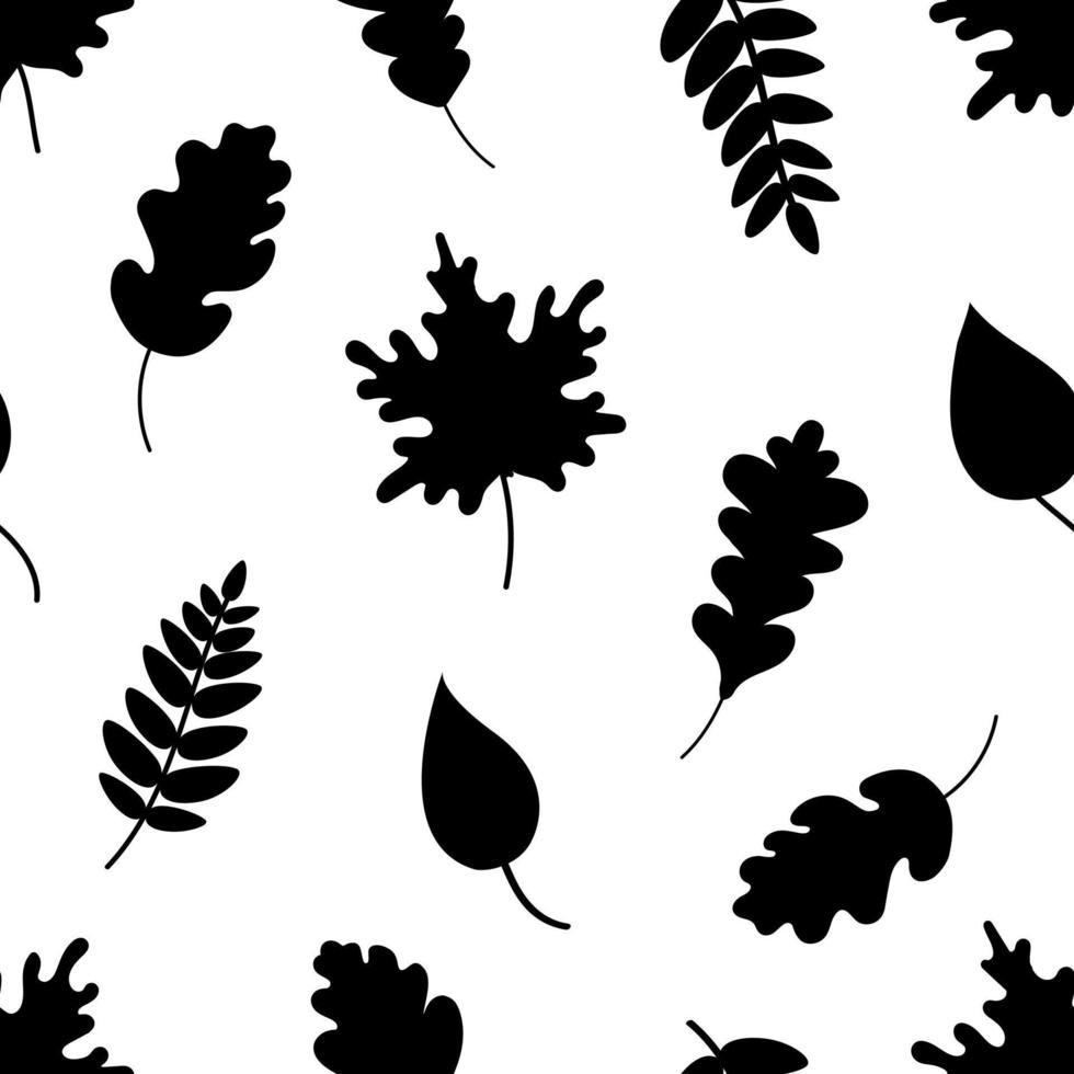 Black silhouettes of various leaves forming seamless pattern on white background vector