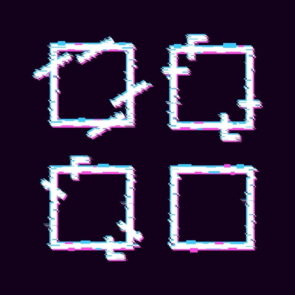 set of square geometric glitch effect frame design with blue and violet color vector