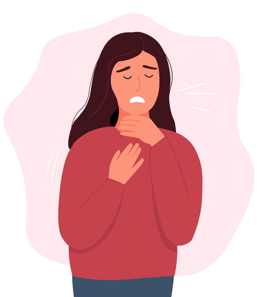 The girl is holding on to a sore throat. A person has angina. A sick character. Vector graphics.