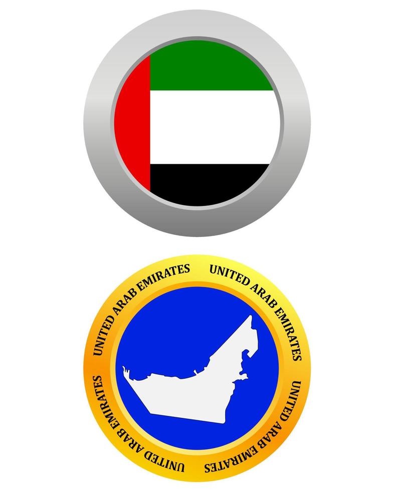Botón como símbolo de la bandera y el mapa de los Emiratos Árabes Unidos sobre un fondo blanco. vector