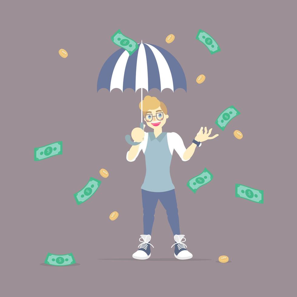 hombre de negocios sosteniendo paraguas con caída, concepto de dinero flotante, diseño de caricatura de personaje de ilustración vectorial plana imagen prediseñada vector