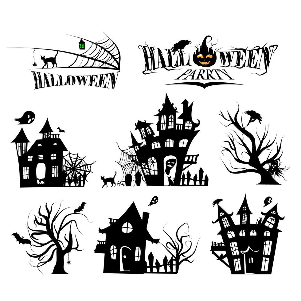 Set of silhouettes of Halloween on a white background. vector