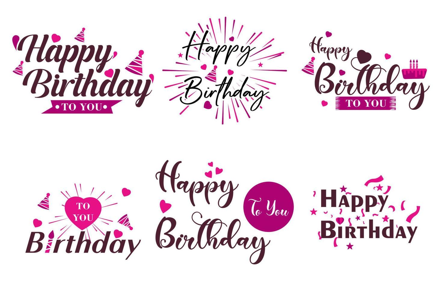 collection of illustrations of happy birthday, anniversary, with elements of heart, candles, birthday hat on a white background vector