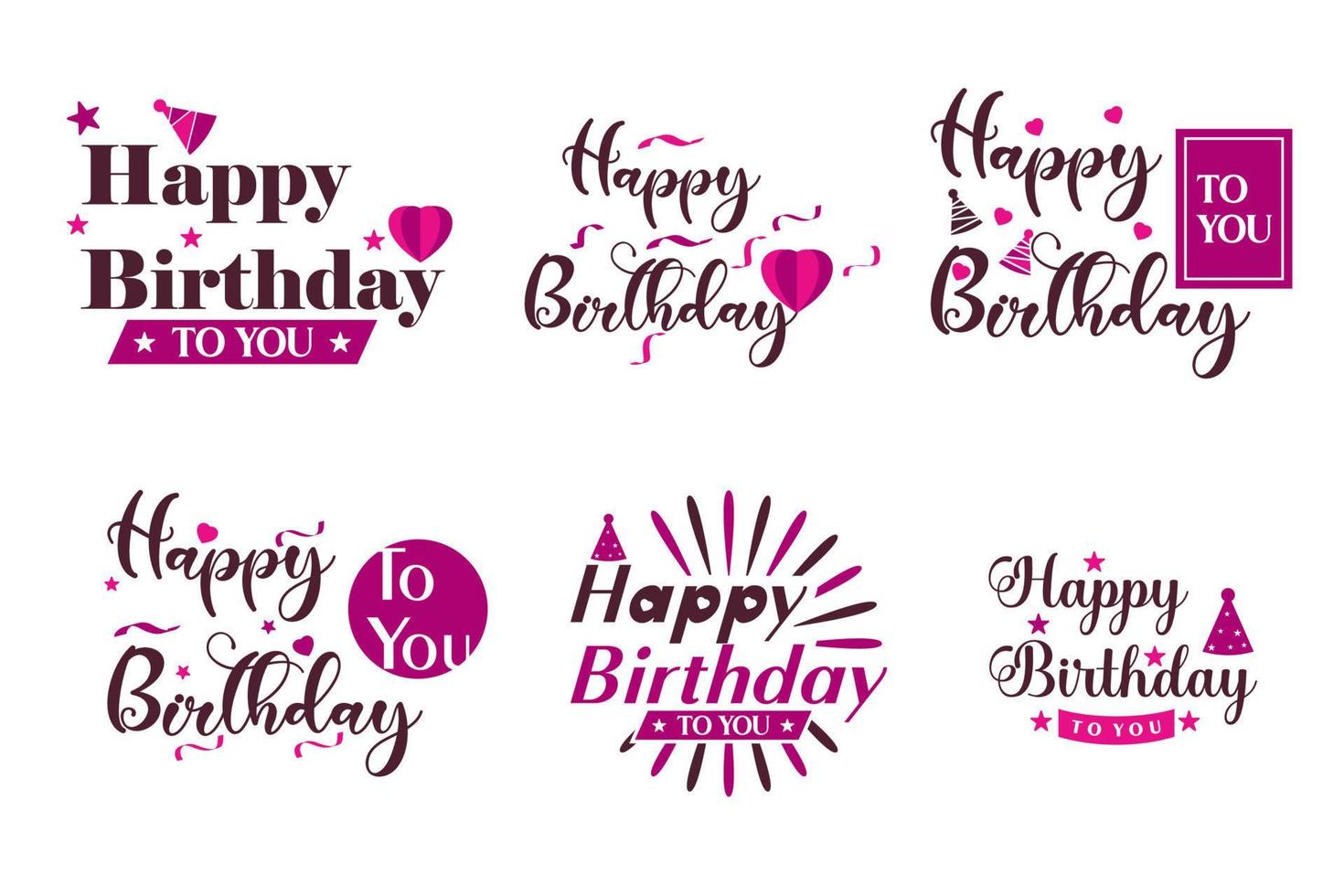 Collection of Happy Birthday badge vector illustrations. Design element for greeting card, banner, print with letter typography text sign, quote, cake, candle, gift, love on white background