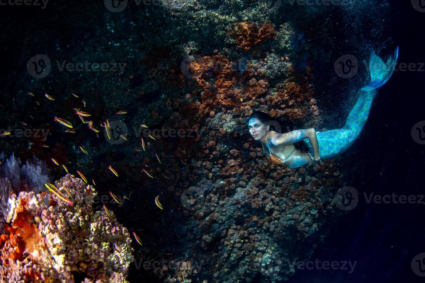 Mermaid swimming underwater in the deep blue sea photo