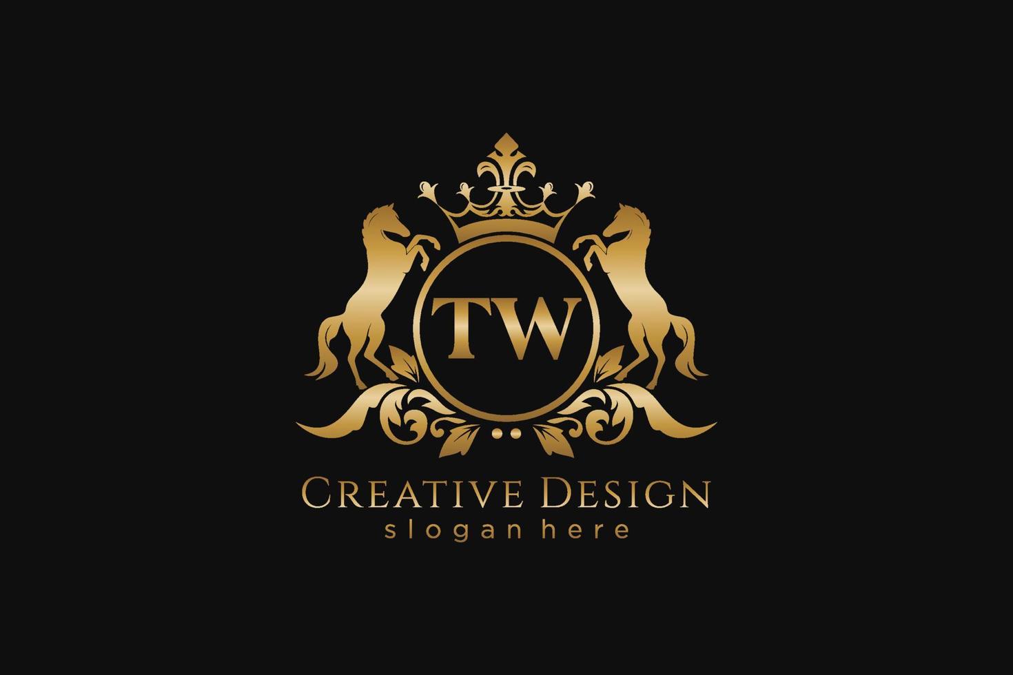 initial TW Retro golden crest with circle and two horses, badge template with scrolls and royal crown - perfect for luxurious branding projects vector