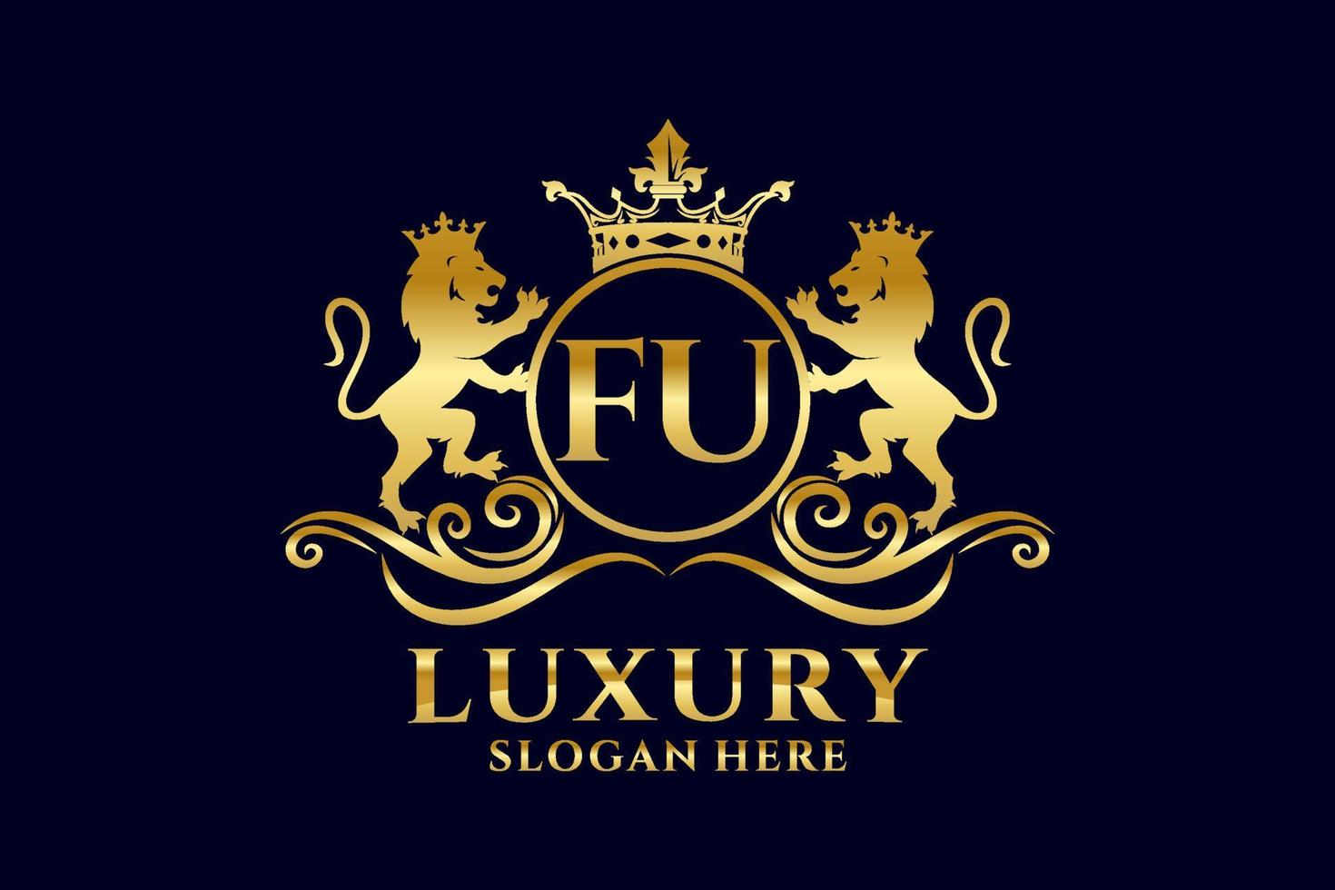 Initial FU Letter Lion Royal Luxury Logo template in vector art for luxurious branding projects and other vector illustration.