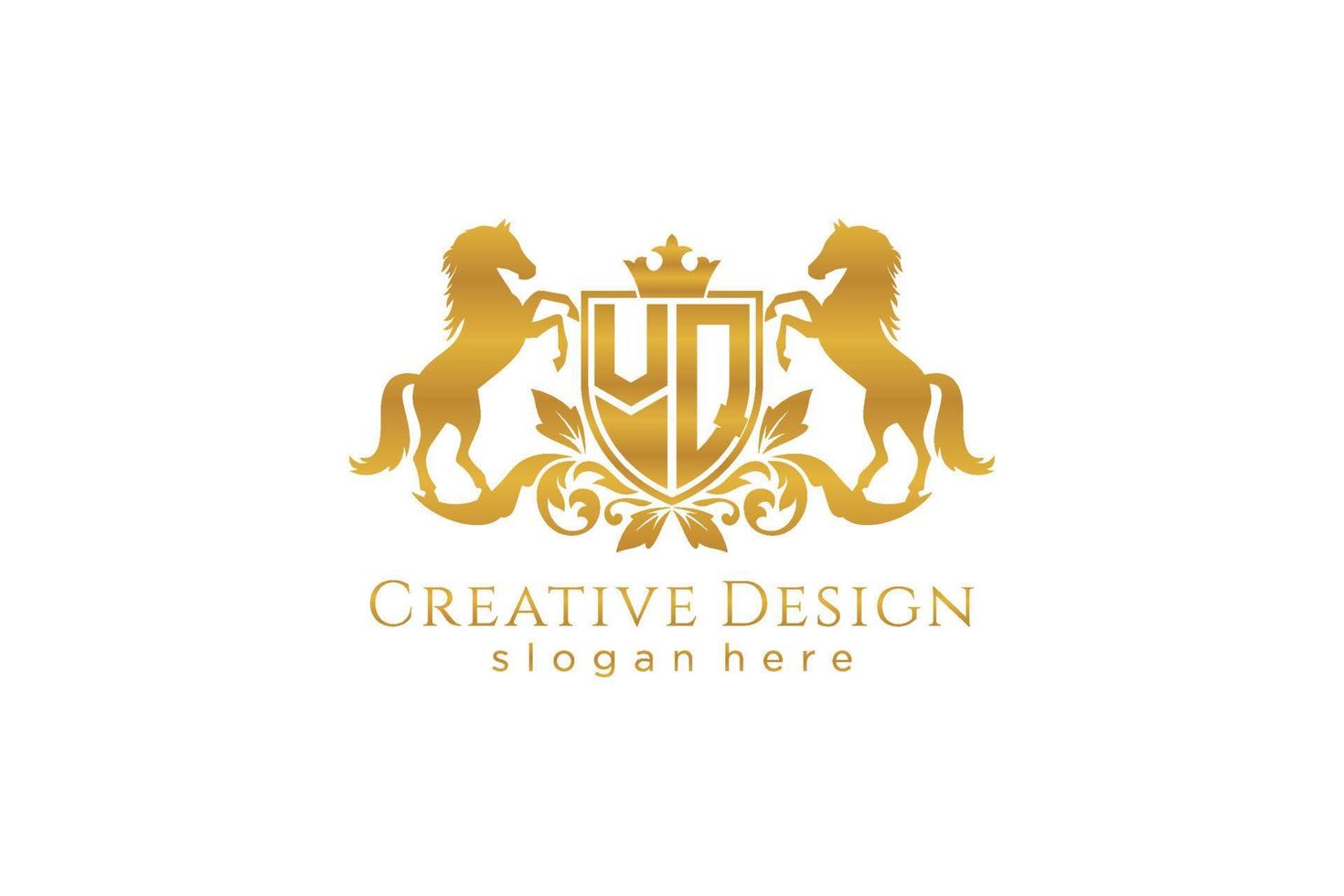 initial VQ Retro golden crest with shield and two horses, badge template with scrolls and royal crown - perfect for luxurious branding projects vector