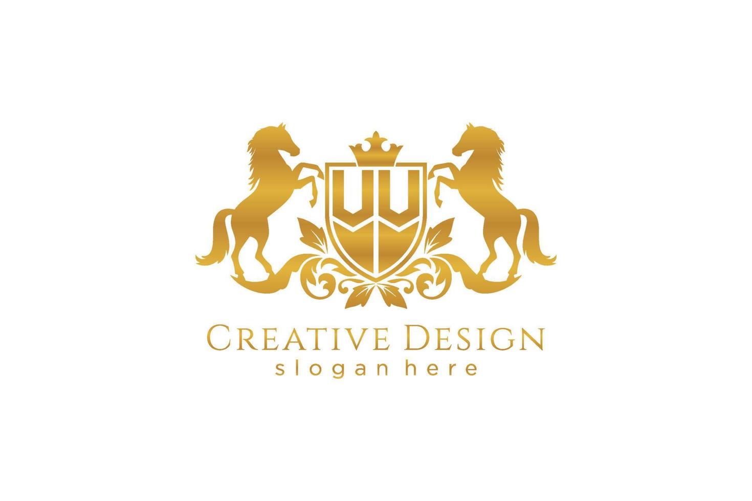 initial VV Retro golden crest with shield and two horses, badge template with scrolls and royal crown - perfect for luxurious branding projects vector