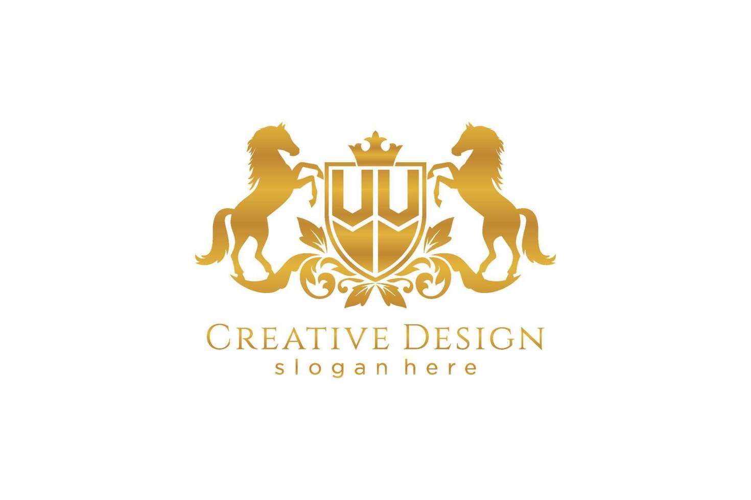 initial VV Retro golden crest with shield and two horses, badge template with scrolls and royal crown - perfect for luxurious branding projects vector