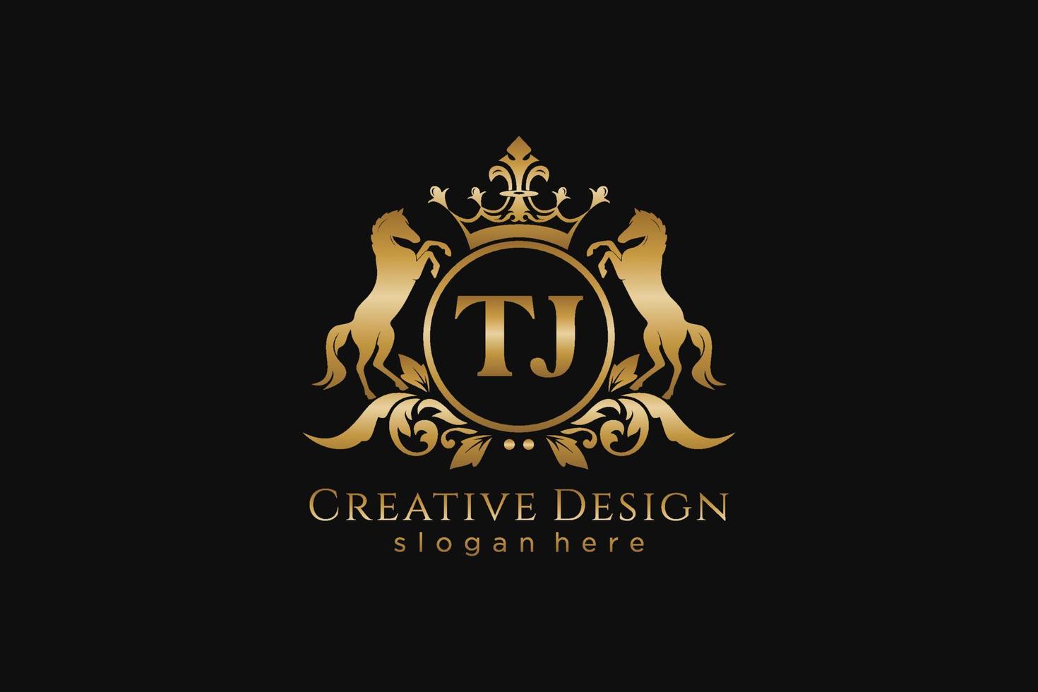 initial TJ Retro golden crest with circle and two horses, badge template with scrolls and royal crown - perfect for luxurious branding projects vector