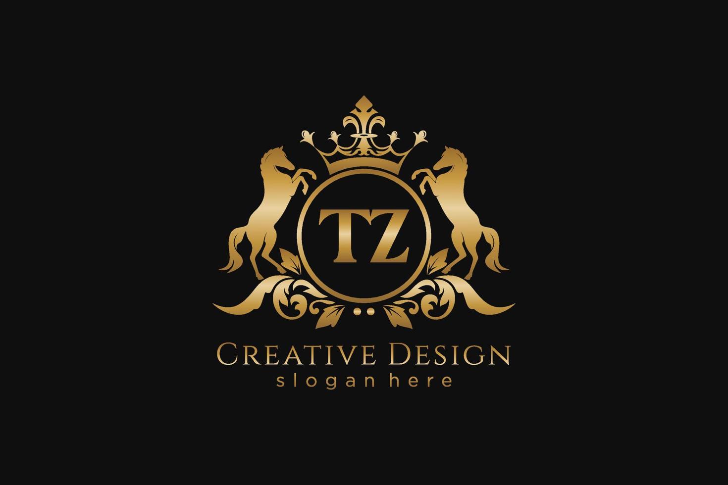 initial TZ Retro golden crest with circle and two horses, badge template with scrolls and royal crown - perfect for luxurious branding projects vector