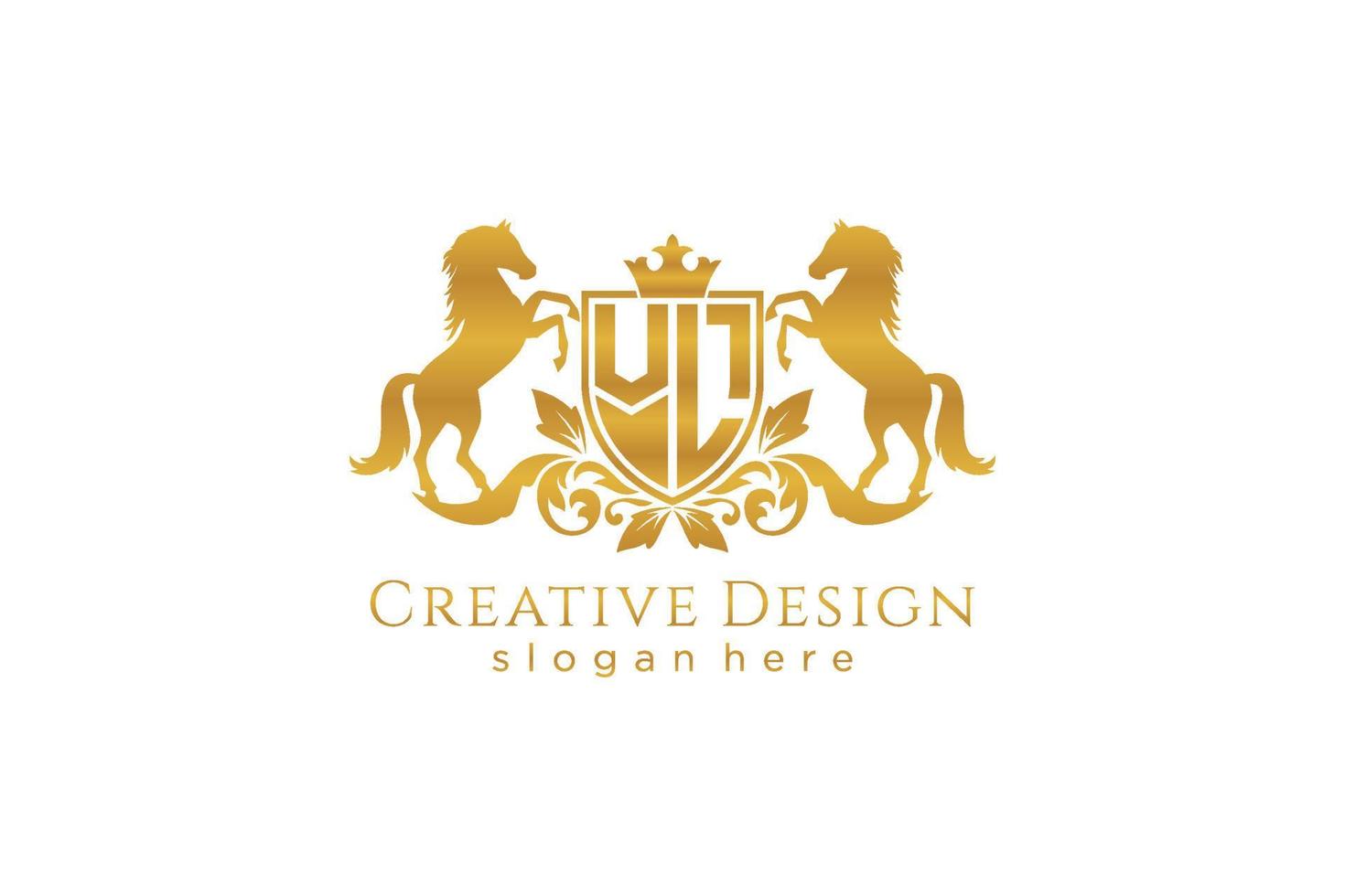 initial VL Retro golden crest with shield and two horses, badge template with scrolls and royal crown - perfect for luxurious branding projects vector