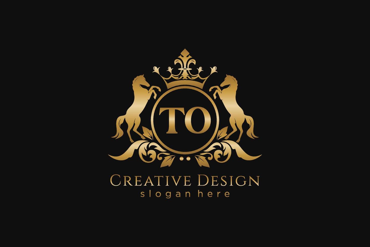 initial TO Retro golden crest with circle and two horses, badge template with scrolls and royal crown - perfect for luxurious branding projects vector