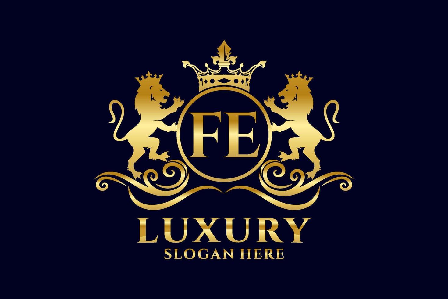 Initial FE Letter Lion Royal Luxury Logo template in vector art for luxurious branding projects and other vector illustration.
