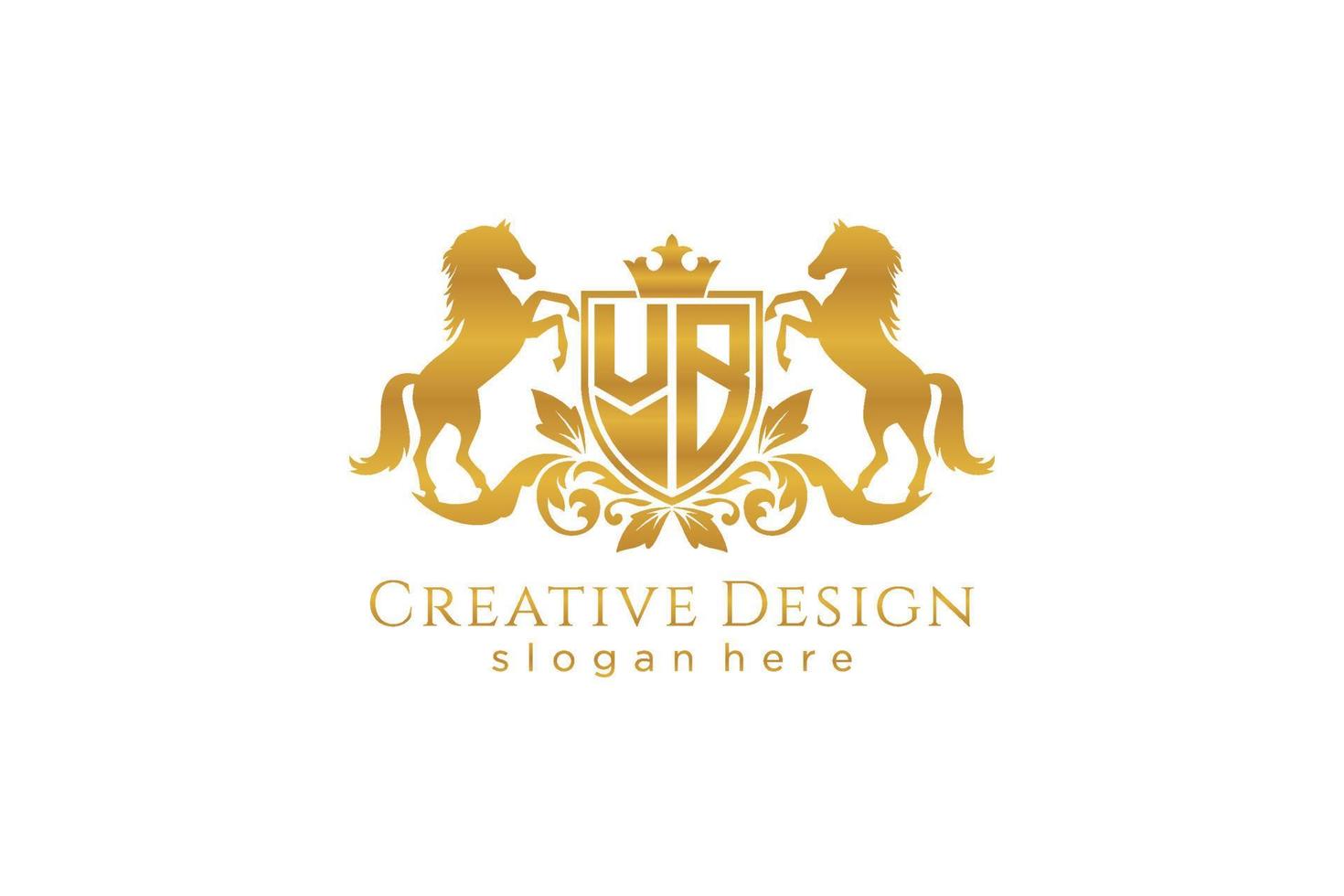 initial VB Retro golden crest with shield and two horses, badge template with scrolls and royal crown - perfect for luxurious branding projects vector