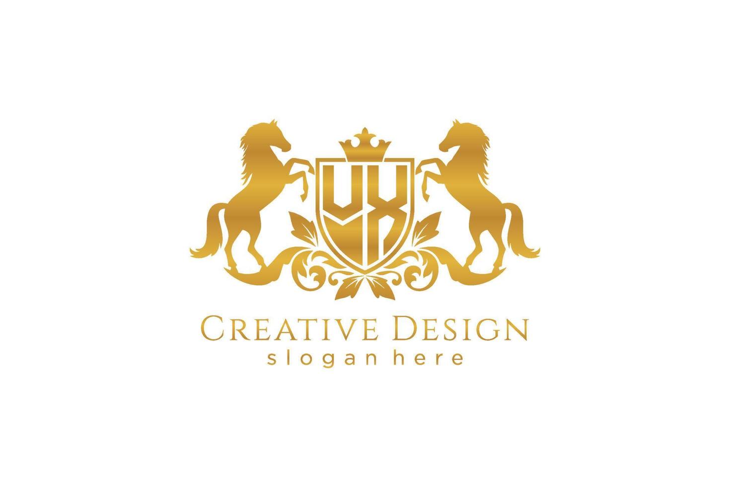 initial VX Retro golden crest with shield and two horses, badge template with scrolls and royal crown - perfect for luxurious branding projects vector
