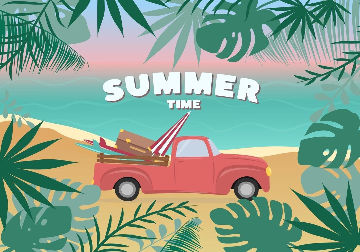 tarjeta de horario de verano con coche, paisaje de playa, marco de hoja tropical. concepto de vacaciones y viajes. vector