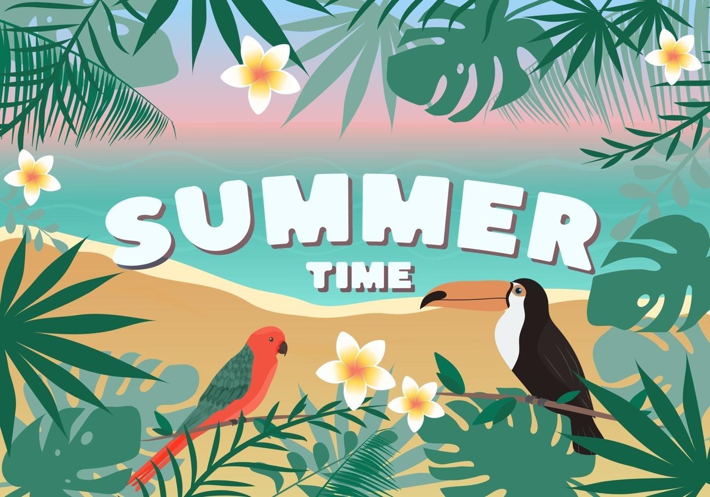 tarjeta de horario de verano con paisaje de playa, marco de hoja tropical. concepto de vacaciones y viajes. vector