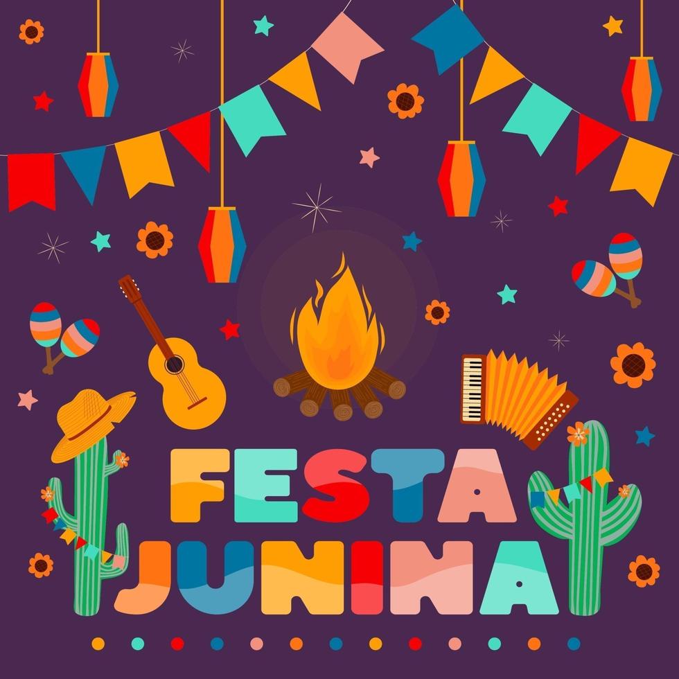 tarjeta festa junina, festival tradicional de junio de brasil. vector