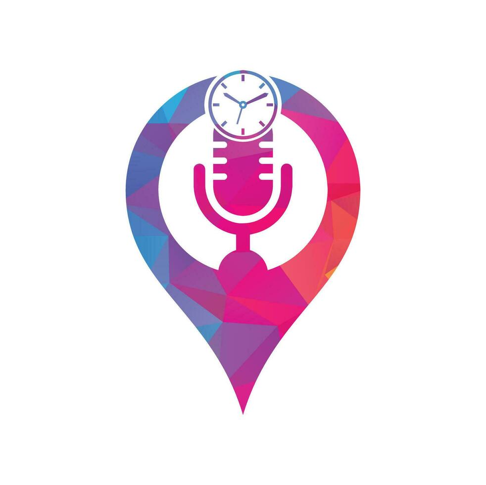 Podcast time map pin shape concept vector logo design template. Mic clock vector logo design icon.