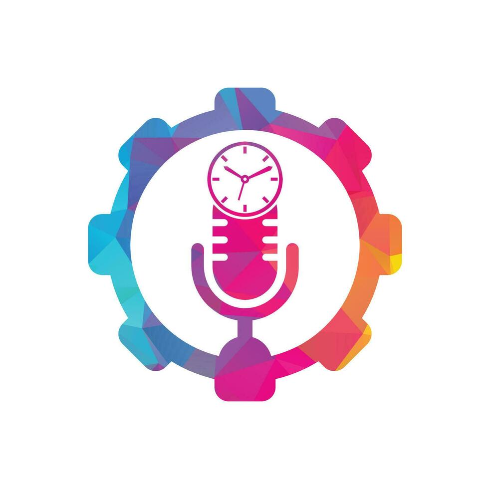 Podcast time gear shape concept vector logo design template. Mic clock vector logo design icon.