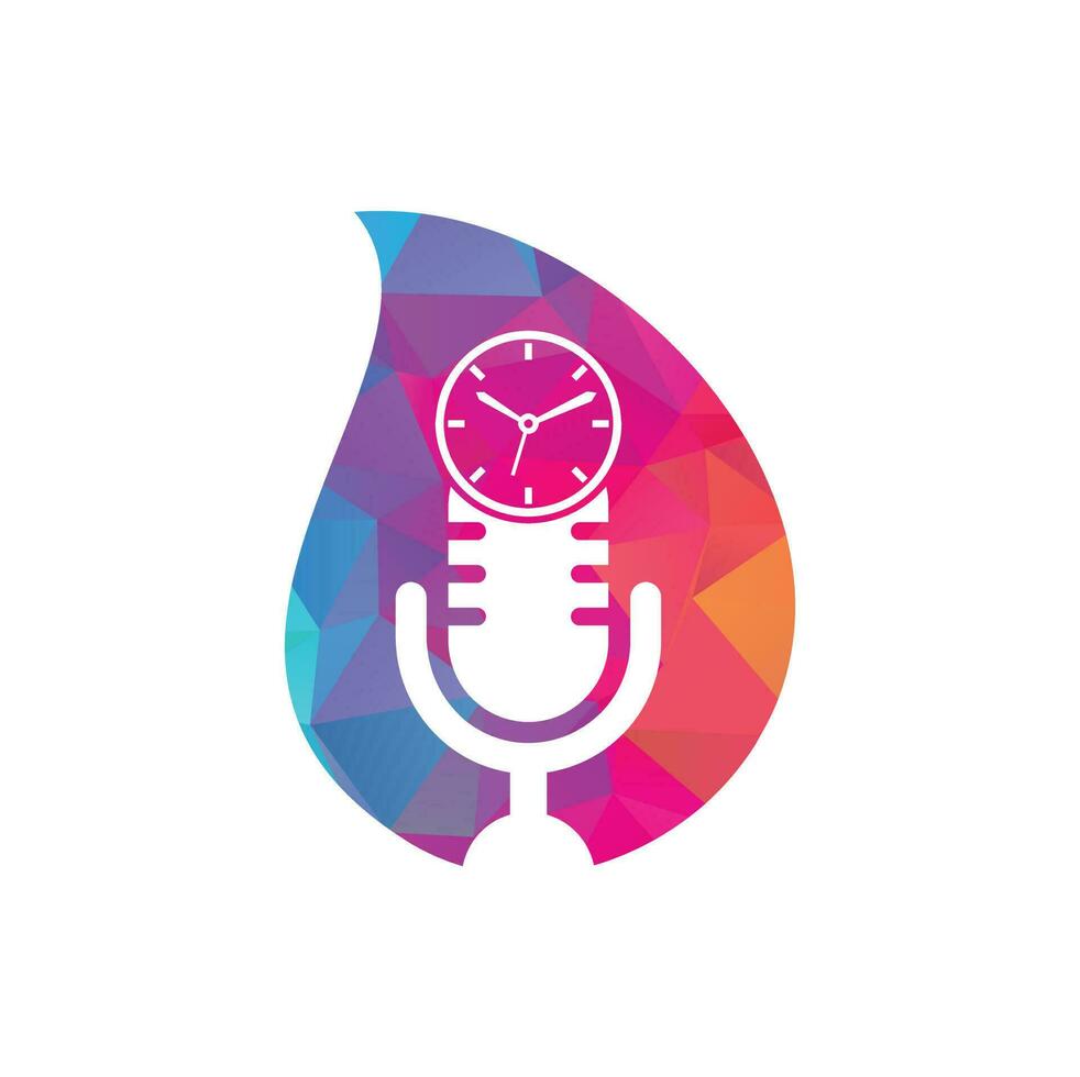 Podcast time drop shape concept vector logo design template. Mic clock vector logo design icon.