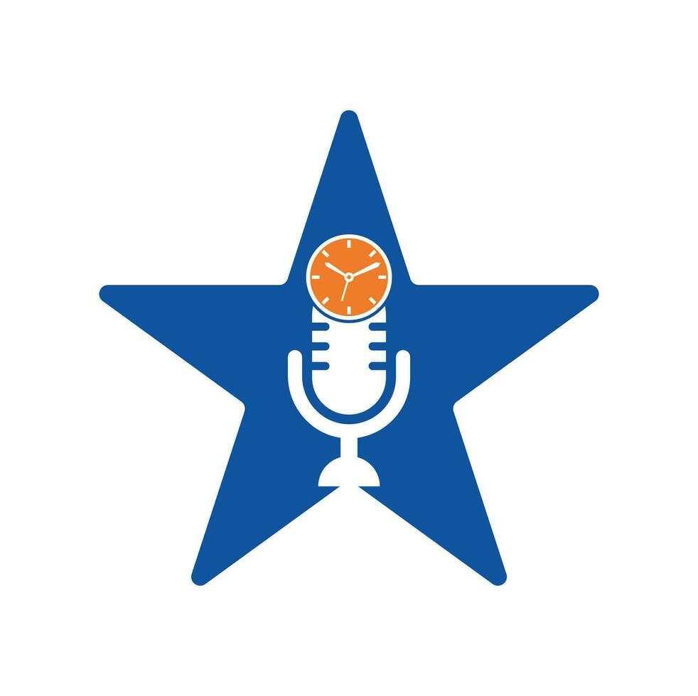Podcast time star shape concept vector logo design template. Mic clock vector logo design icon.