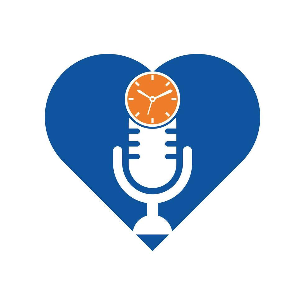 plantilla de diseño de logotipo de vector de concepto de forma de corazón de tiempo de podcast. icono de diseño de logotipo de vector de reloj de micrófono.