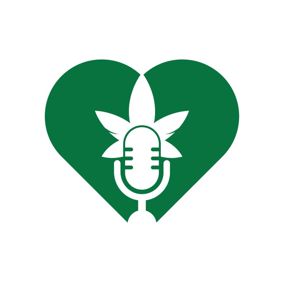 diseño de logotipo vectorial de concepto de forma de corazón de podcast de cannabis. logotipo de podcast con plantilla de vector de hoja de cannabis.