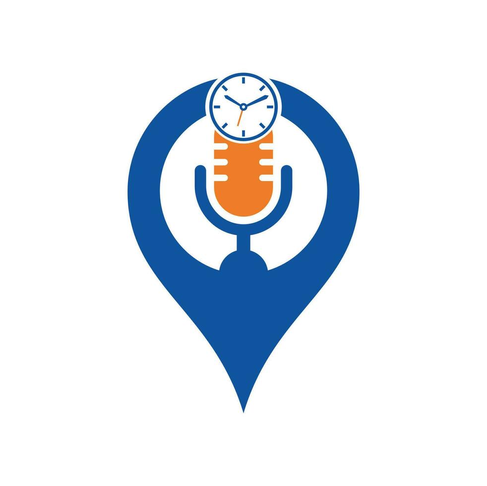 Podcast time map pin shape concept vector logo design template. Mic clock vector logo design icon.