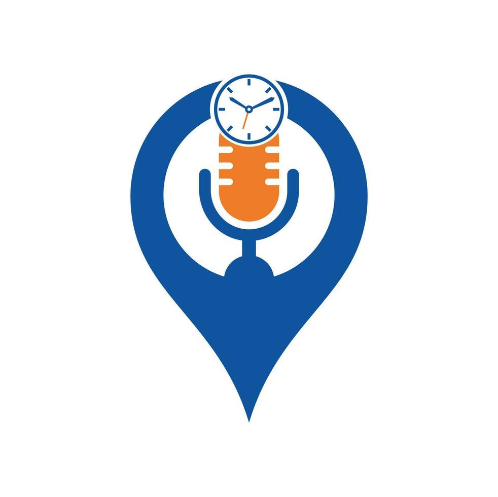 Podcast time map pin shape concept vector logo design template. Mic clock vector logo design icon.