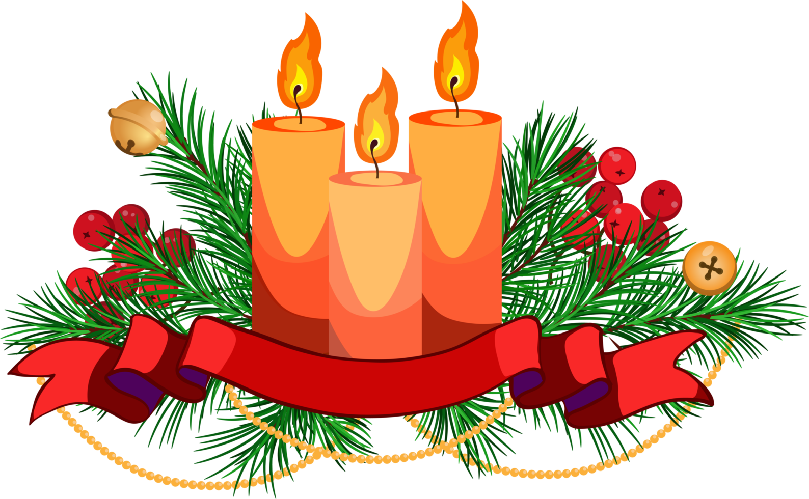 arreglo navideño con ramas de abeto, velas, cinta, campanas y guirnaldas doradas png