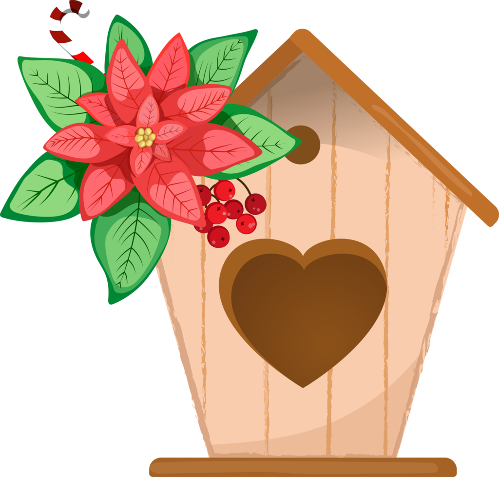 Christmas clipart, composition birdhouse with poinsettia flower png