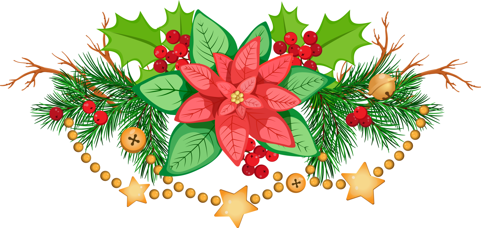 Christmas composition with poinsettia, fir branches, and golden garland. Merry Christmas Clip Art. png