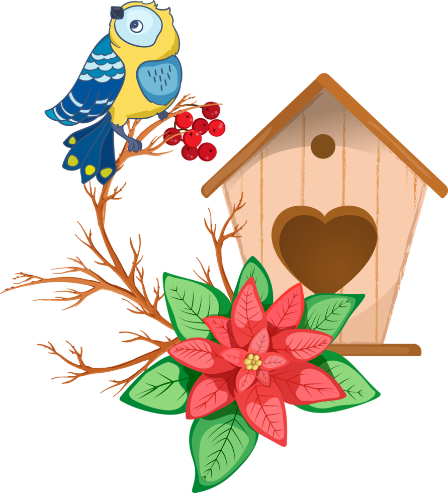 Christmas composition with titmouse, birdhouse and poinsettia png