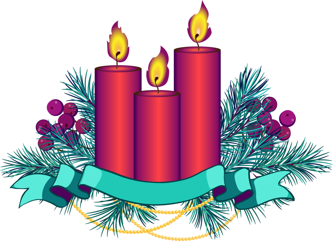 Christmas arrangement with fir branches, candles, ribbon, bells and golden garland png