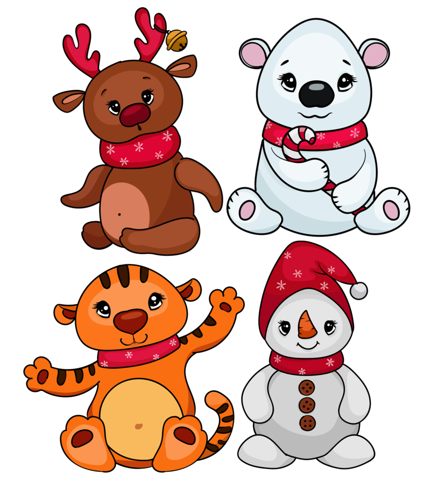 Cute Christmas characters - tiger cub, fawn, snowman, white bear. Vector cartoon doodle isolated illustration. Winter holidays, baby shower, birthday, children's party png