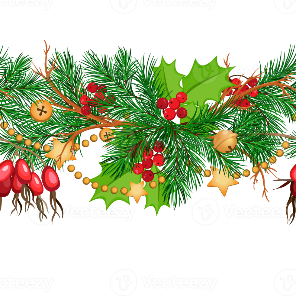 Weihnachtsnahtloses Muster mit Tannenzweigen, Beeren und goldener Girlande png