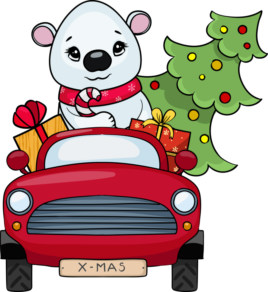 polar bear rides in a red car with gifts and a Christmas tree png