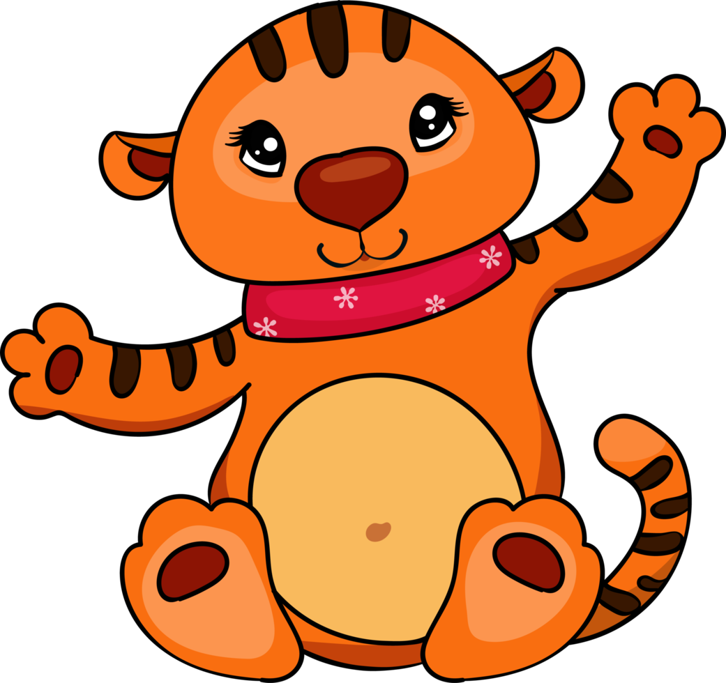 Cute little tiger in a red scarf. Christmas illustration png