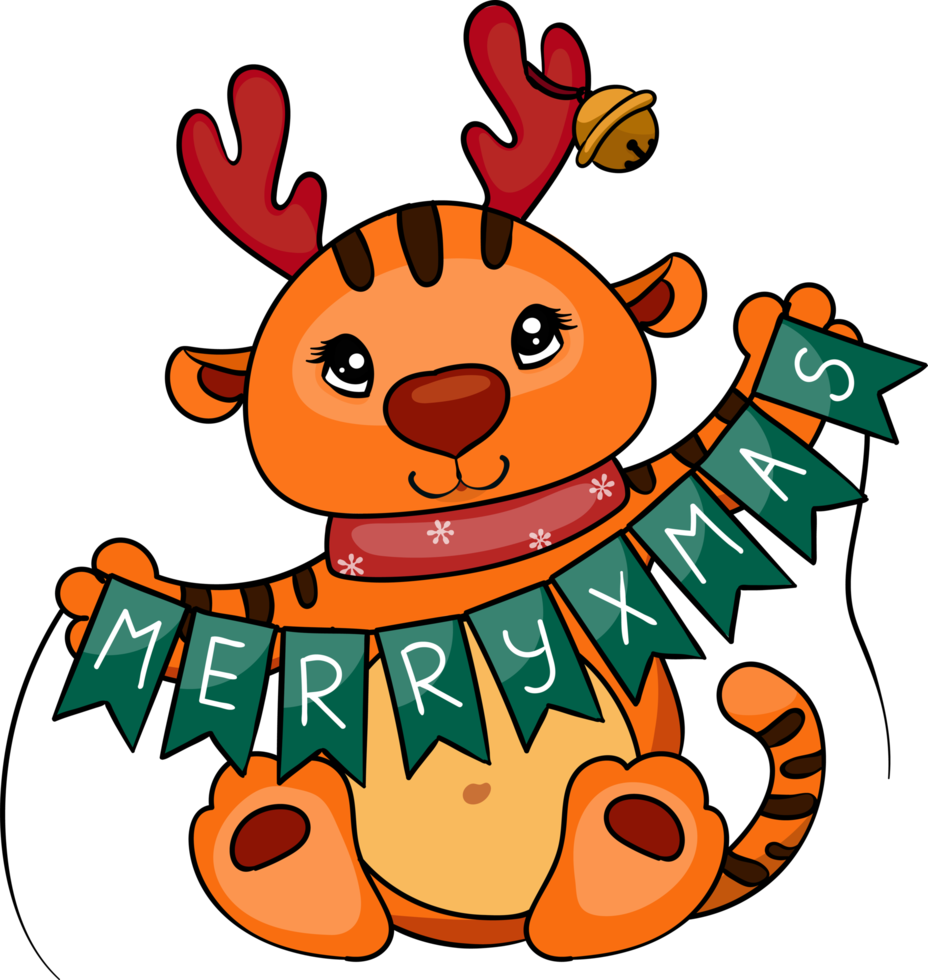 Cute little tiger rides congratulates on Christmas. Christmas character. New year clipart. png