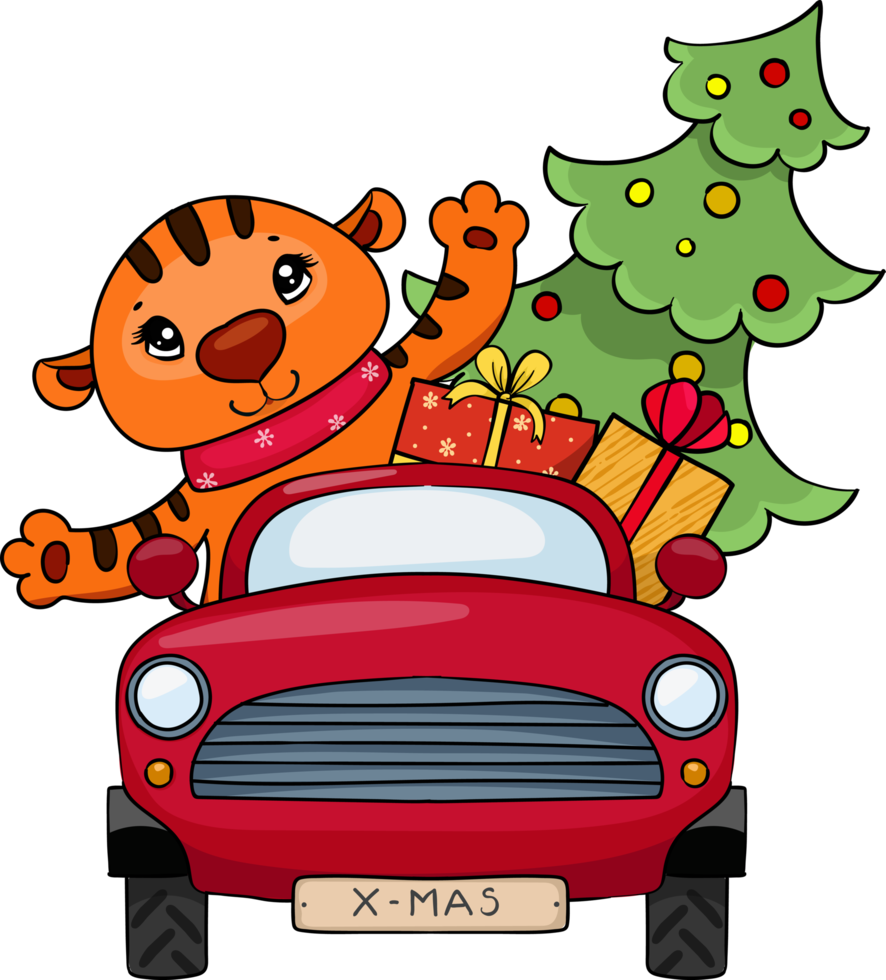 un' carino poco tigre unità un' rosso auto e trasporta un' Natale albero con i regali. nuovo anno clipart png