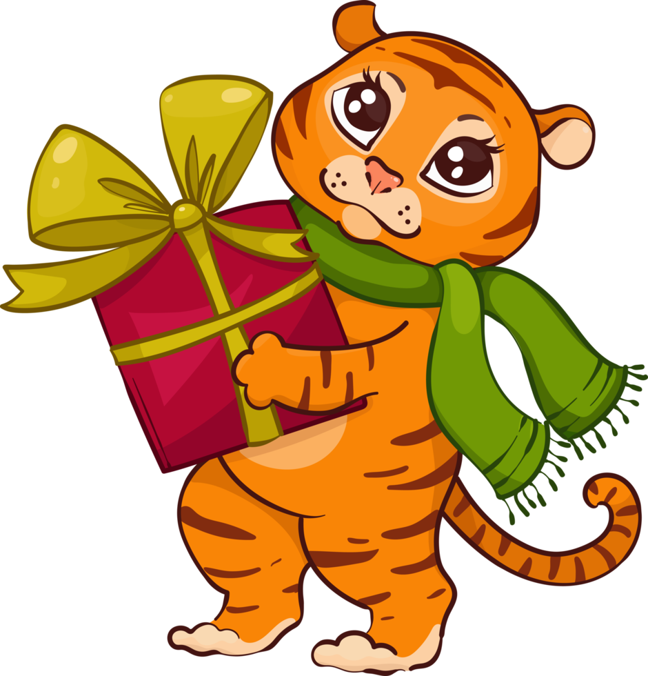 Cute little tiger in a green scarf with a gift box. New year illusion png
