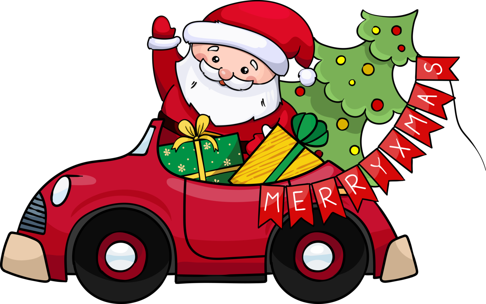 der weihnachtsmann fährt ein rotes auto mit geschenken png