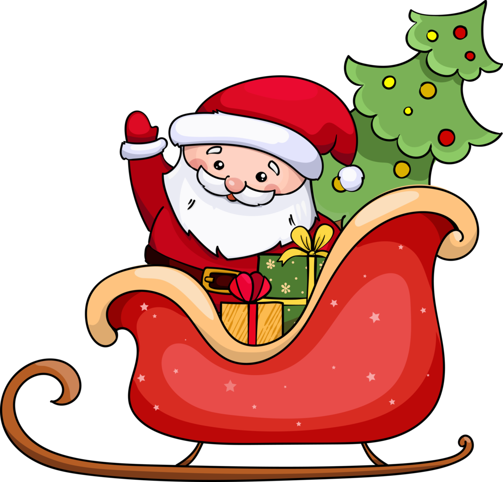 Santa claus rides in sleigh with christmas tree png