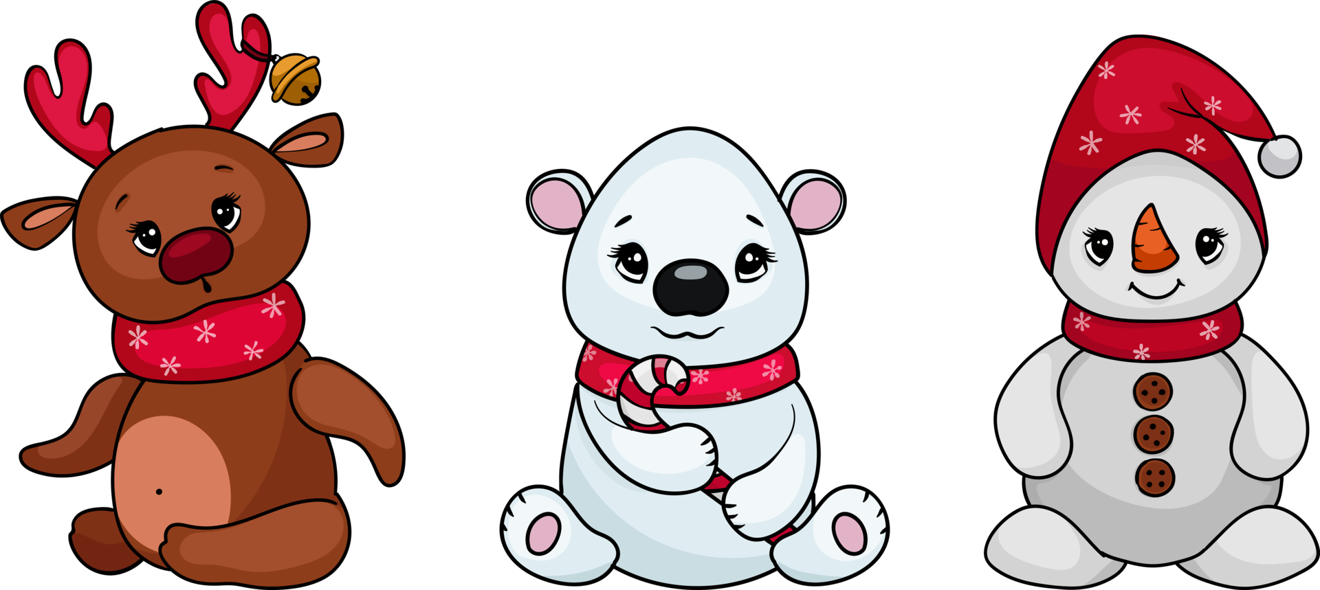 Cute Christmas characters - fawn, snowman, white bear.  illustration in cartoon style png