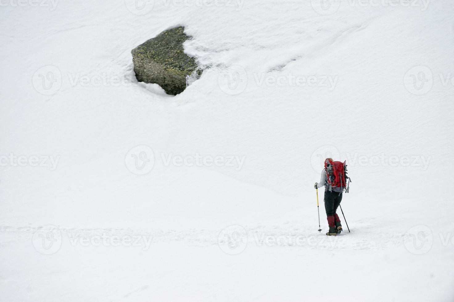 isolated snow shoe trekker walking on the snow photo