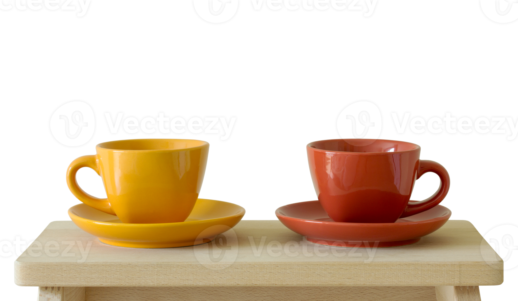 colorful cups on wooden table, isolated cutout 12228452 PNG