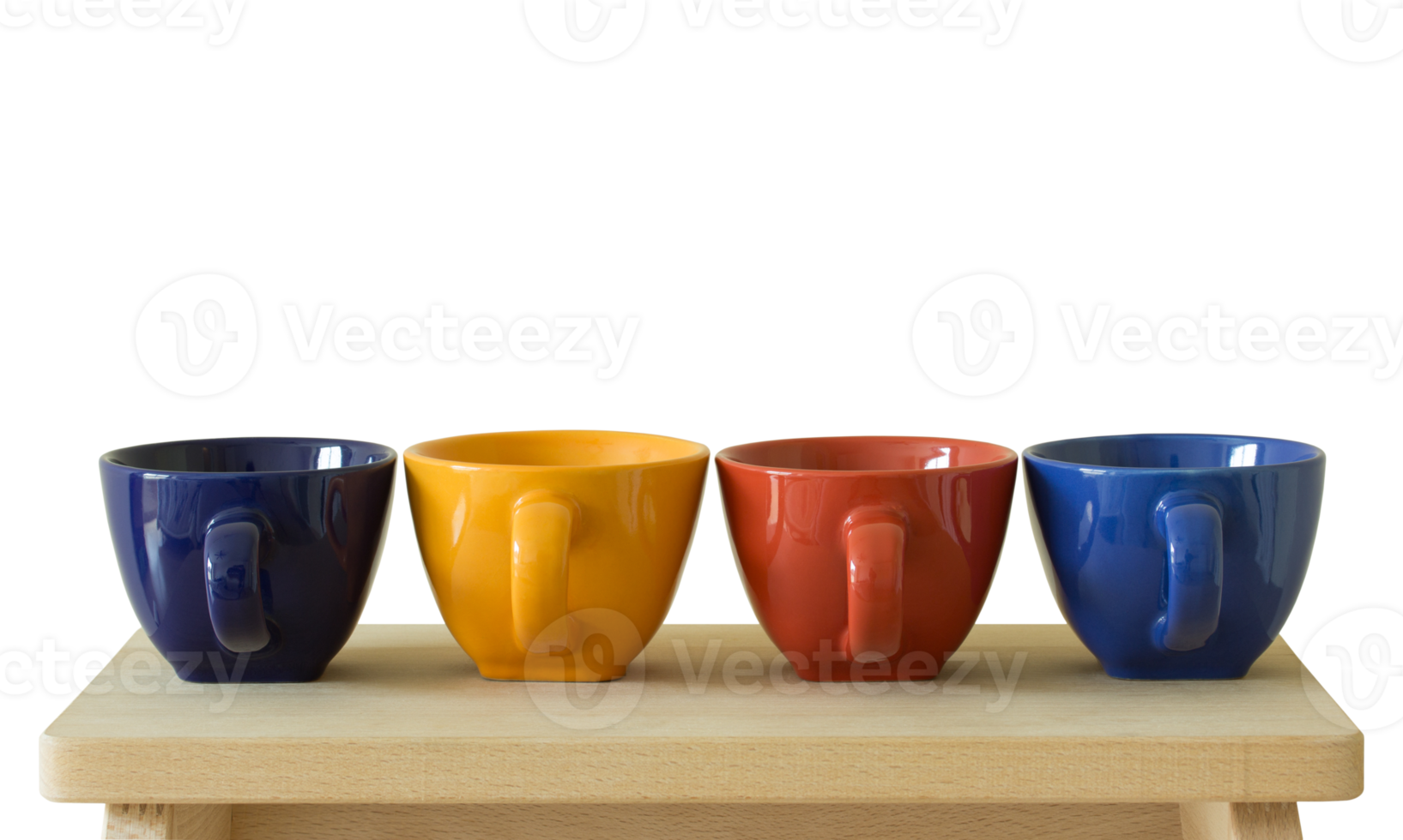 Free row of colorful cups on wooden table, isolated cutout 12228454 PNG